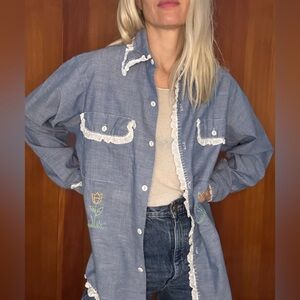 70s Vintage BIG MAC  Denim Floral Embroidered JC Penny Overshirt Chambray